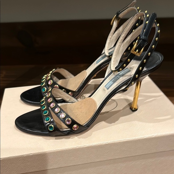 Prada black leather studs sandals gold heels - Picture 1 of 8